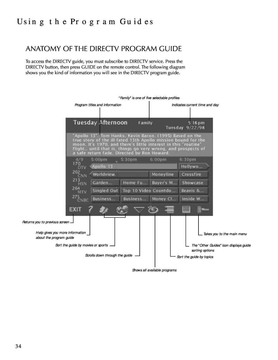 DirecTV HDTV Anatomy Of The Directv Program Guide, Using The Program Guides, “Family” is one of five selectable profiles 