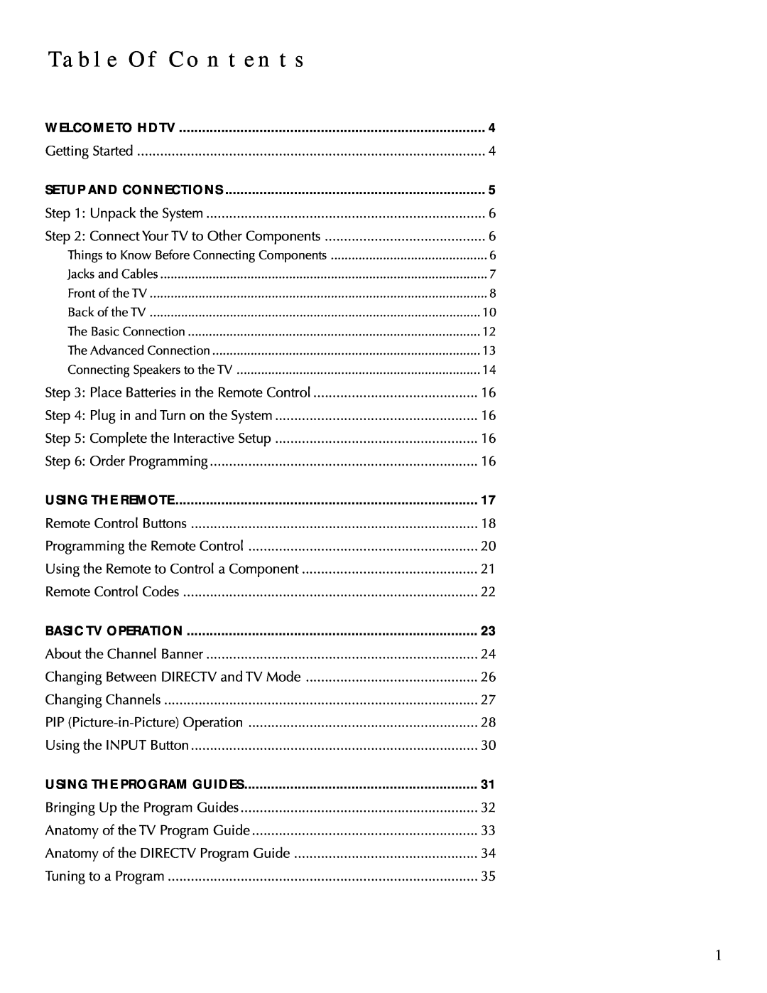 DirecTV HDTV user manual Table Of Contents 
