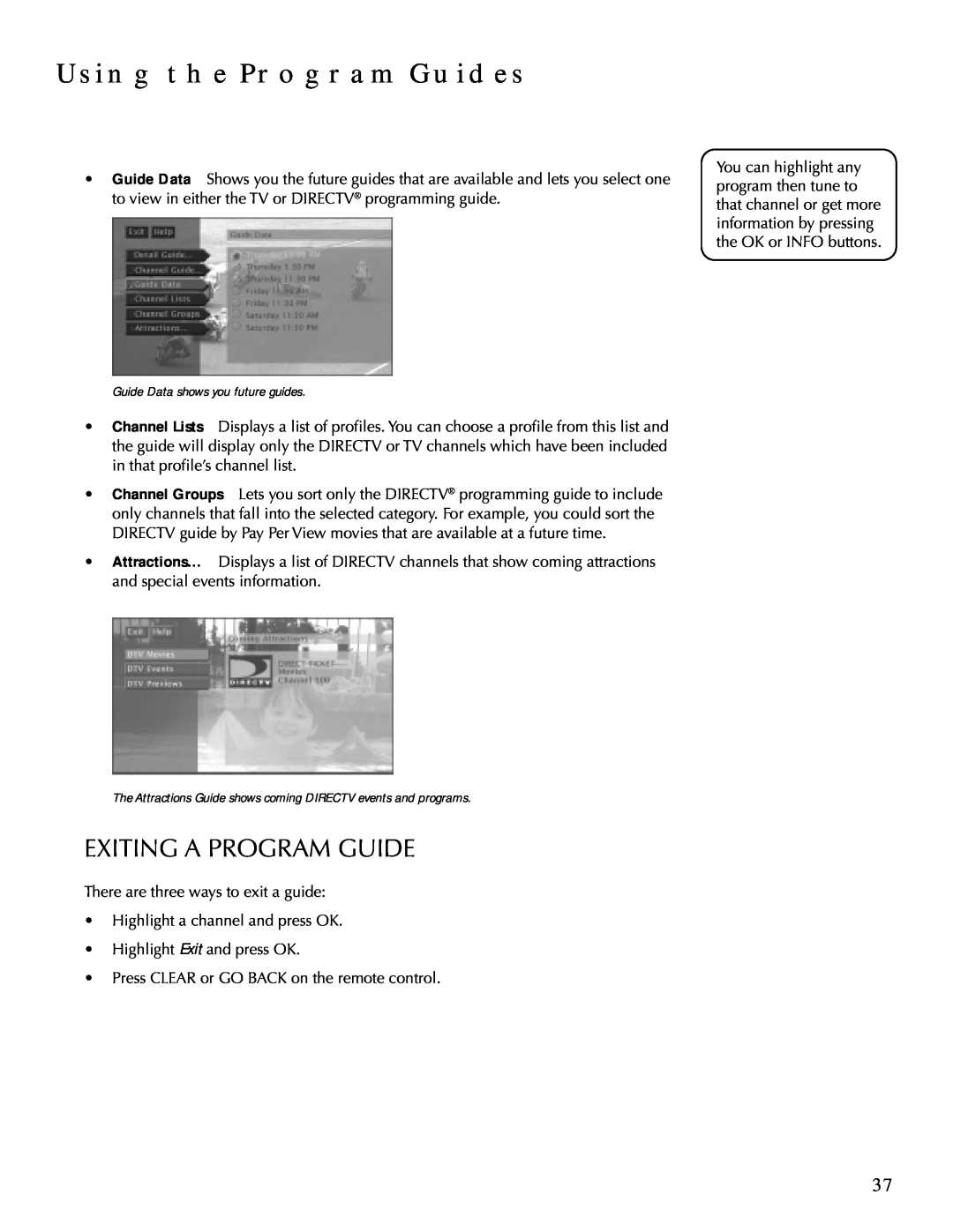 DirecTV HDTV user manual Exiting A Program Guide, Using The Program Guides 