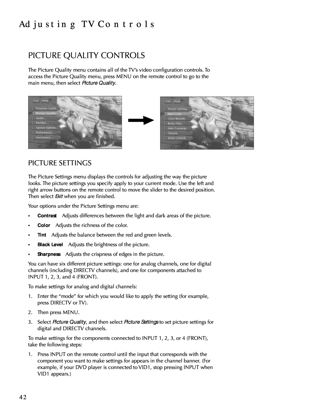 DirecTV HDTV user manual Adjusting Tv Controls, Picture Quality Controls, Picture Settings 