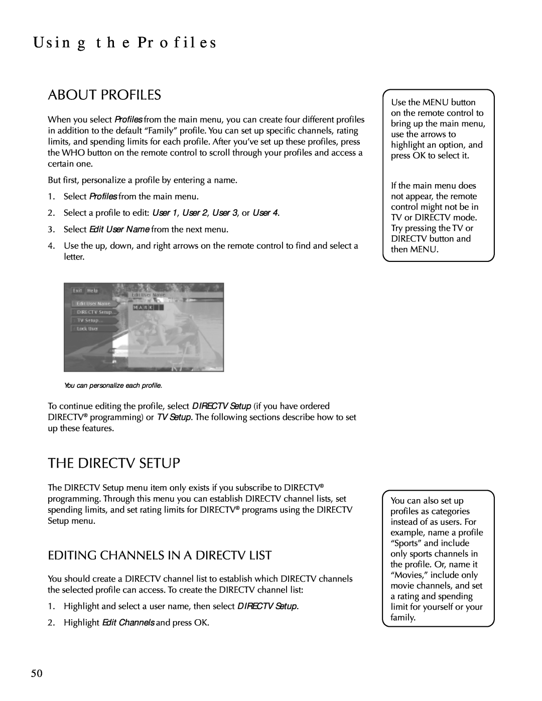 DirecTV HDTV user manual Using The Profiles, About Profiles, The Directv Setup, Editing Channels In A Directv List 