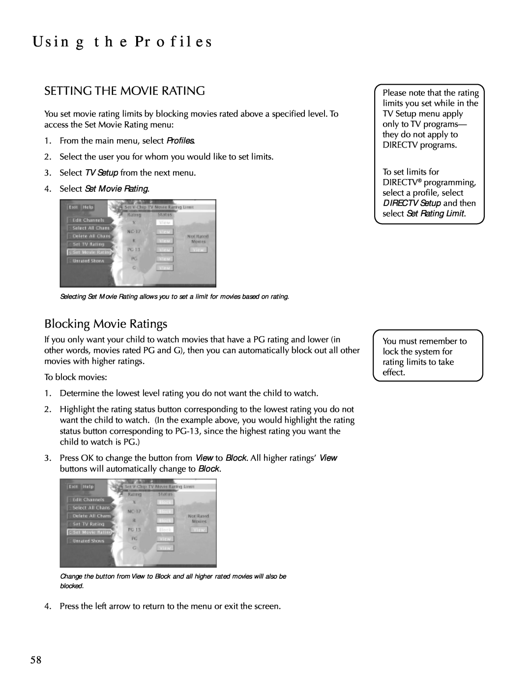 DirecTV HDTV user manual Setting The Movie Rating, Blocking Movie Ratings, Using The Profiles, Select Set Movie Rating 