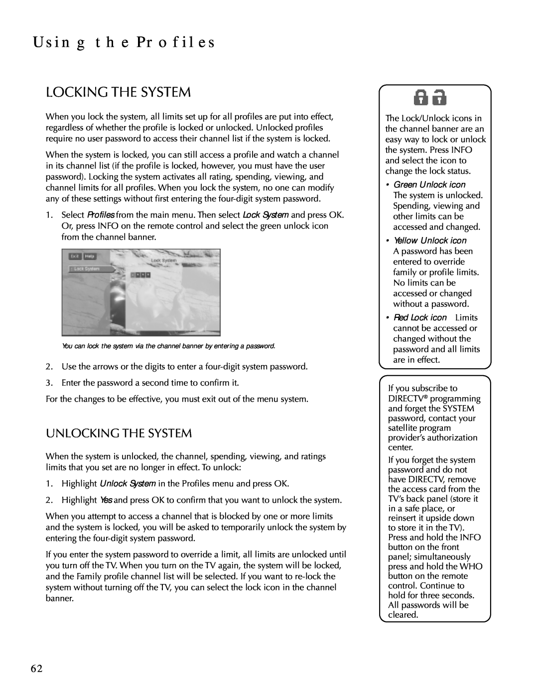 DirecTV HDTV user manual Locking The System, Unlocking The System, Using The Profiles 