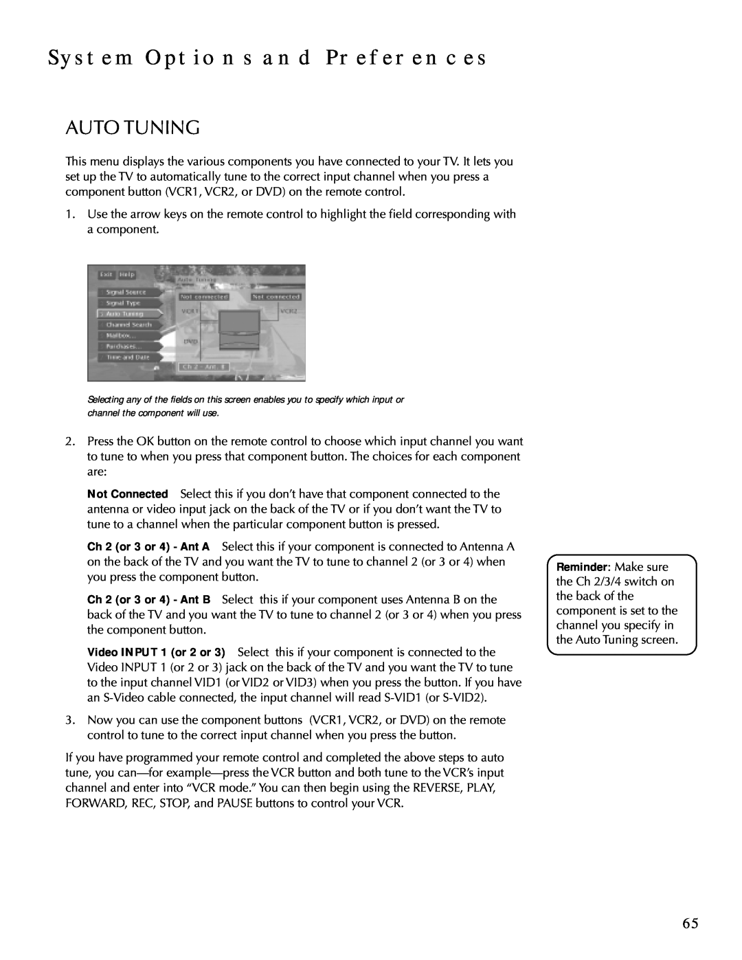 DirecTV HDTV user manual Auto Tuning, System Options And Preferences 