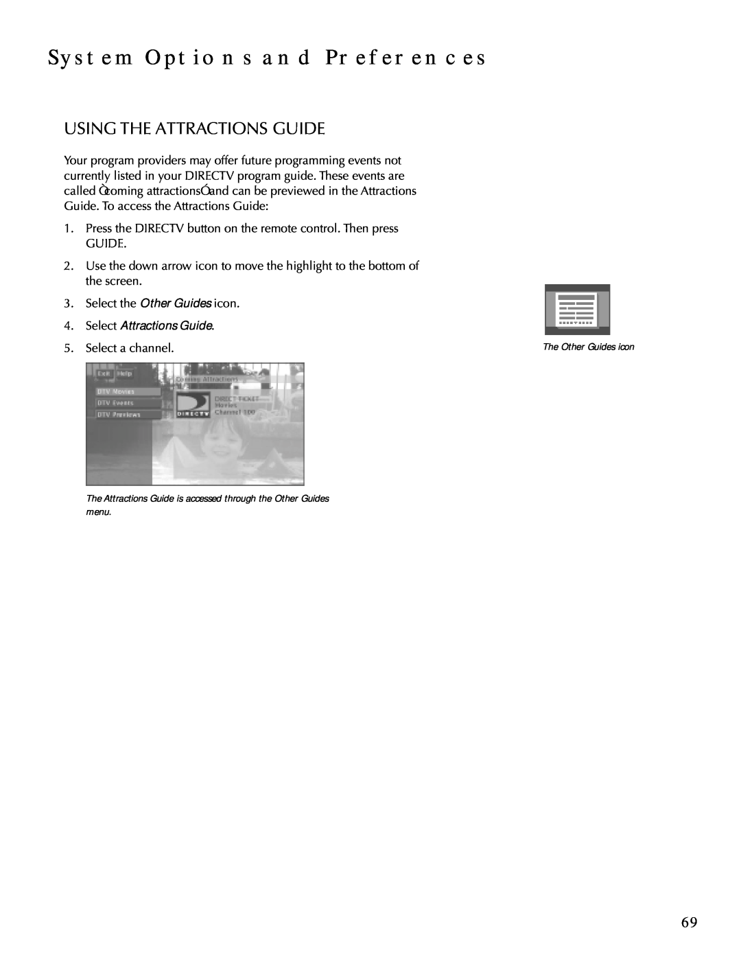 DirecTV HDTV user manual Using The Attractions Guide, System Options And Preferences 