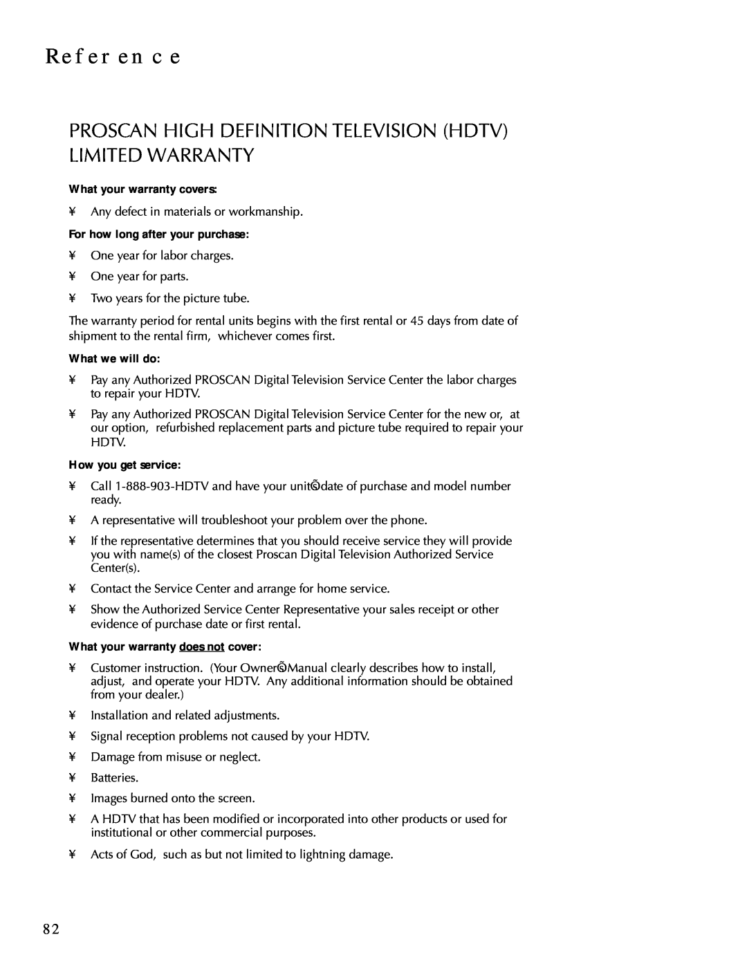 DirecTV HDTV user manual Proscan High Definition Television Hdtv Limited Warranty, Reference, What your warranty covers 