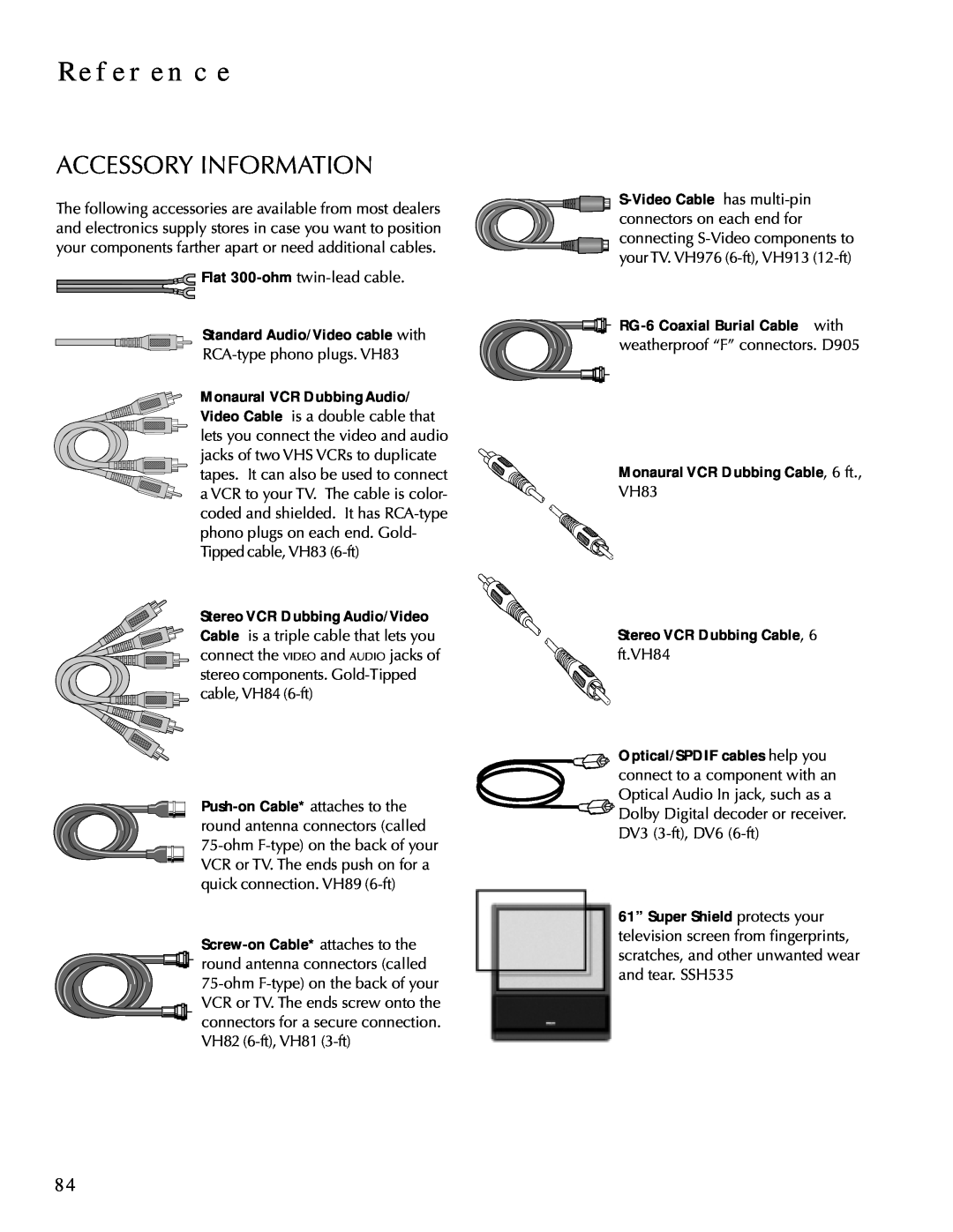 DirecTV HDTV user manual Accessory Information, Reference, Standard Audio/Video cable with, Stereo VCR Dubbing Audio/Video 