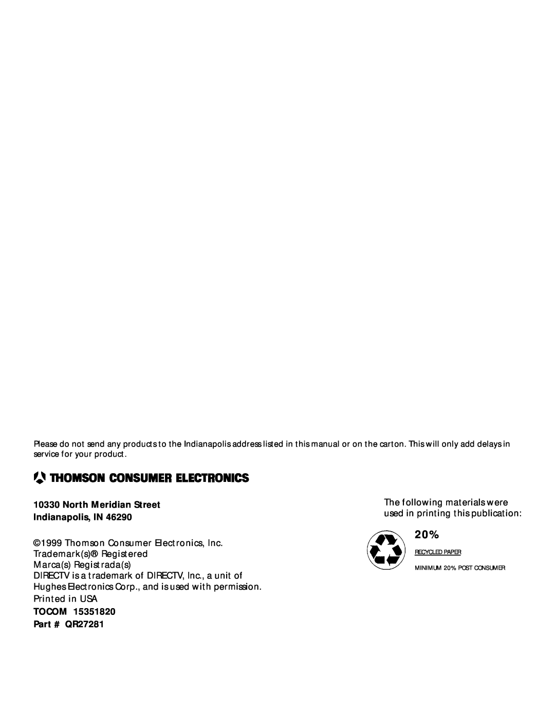 DirecTV HDTV user manual Recycled Paper, North Meridian Street Indianapolis, IN, TOCOM QR27281 