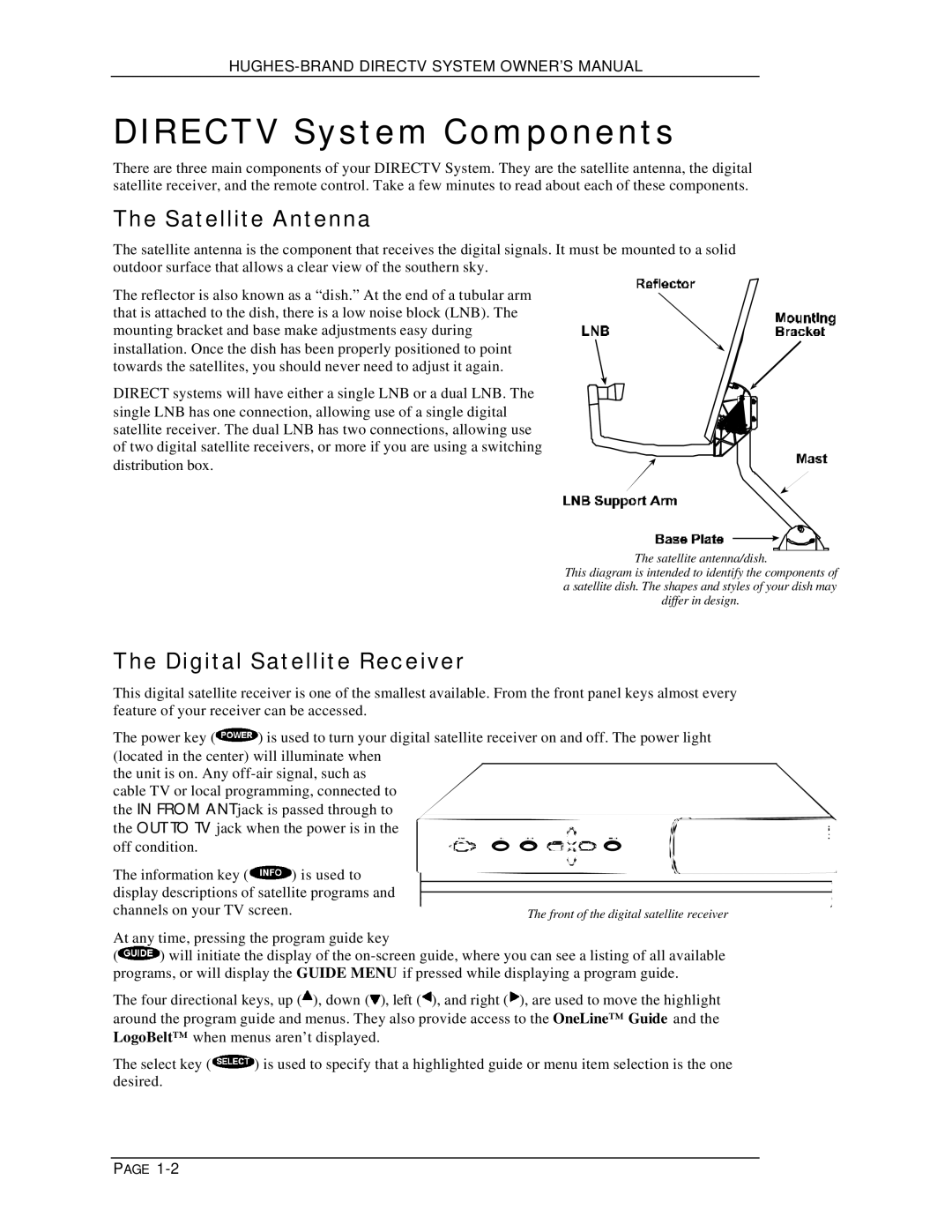 DirecTV HIRD-B1 manual Directv System Components, Satellite Antenna, Digital Satellite Receiver 