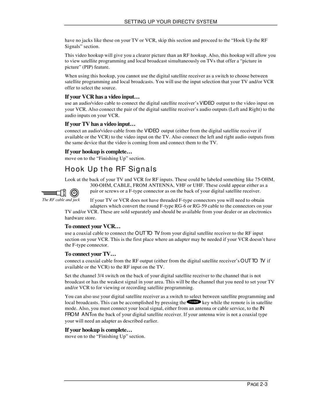 DirecTV HIRD-B1 manual Hook Up the RF Signals, Setting UP Your Directv System 