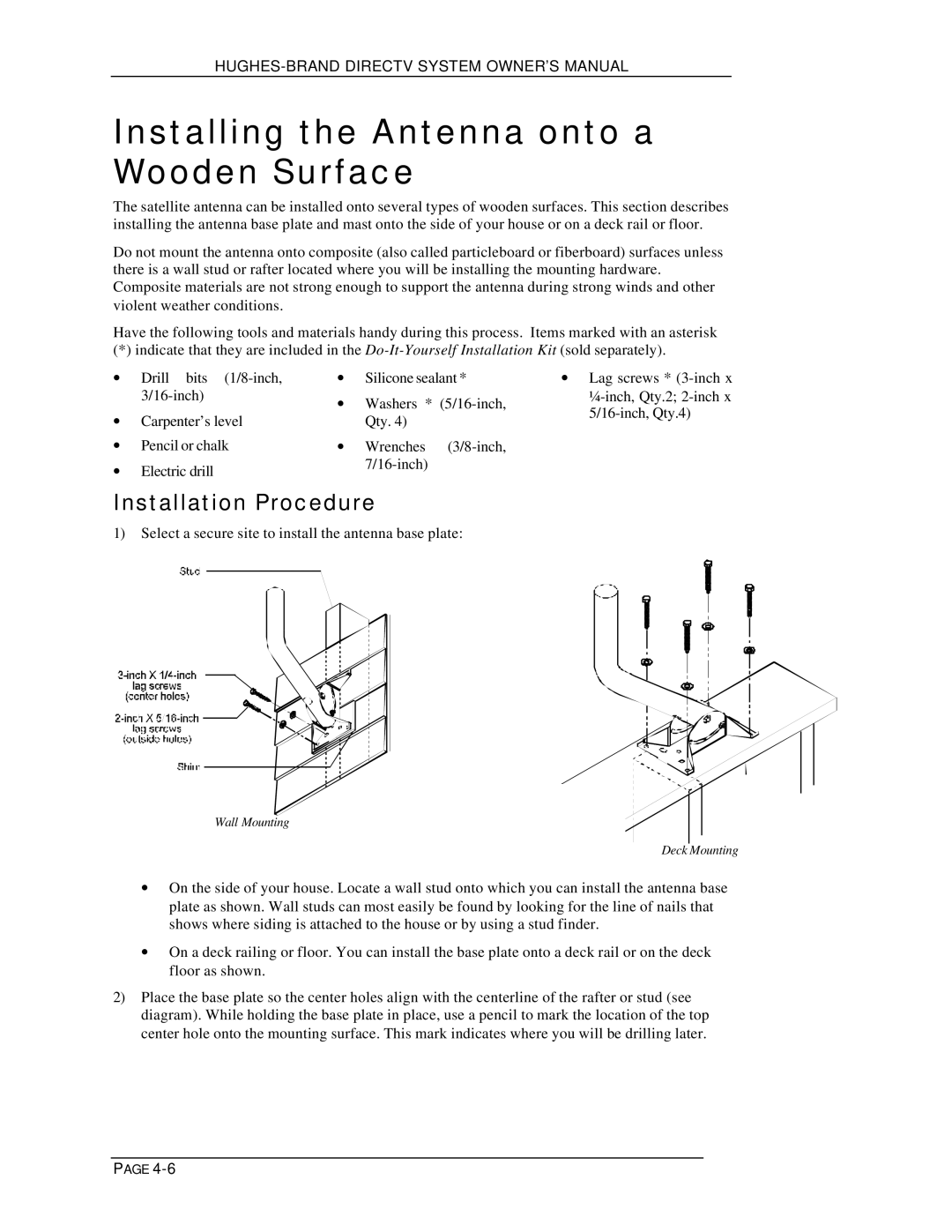 DirecTV HIRD-B1 manual Installing the Antenna onto a Wooden Surface, Installation Procedure 