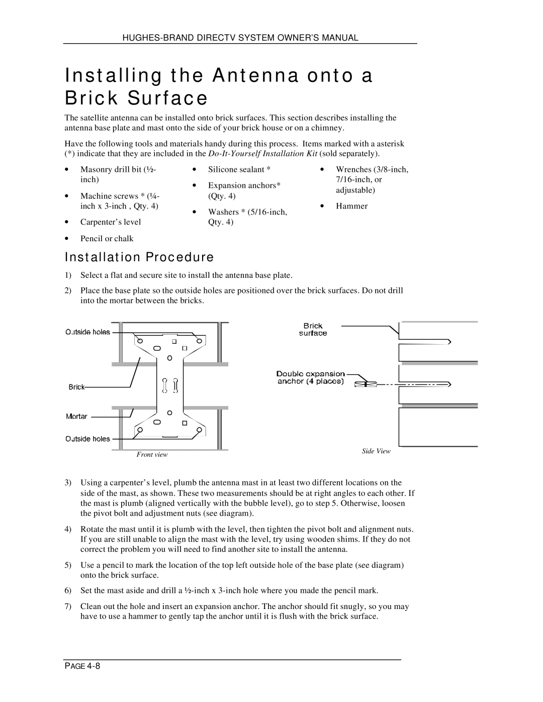 DirecTV HIRD-B1 manual Installing the Antenna onto a Brick Surface 