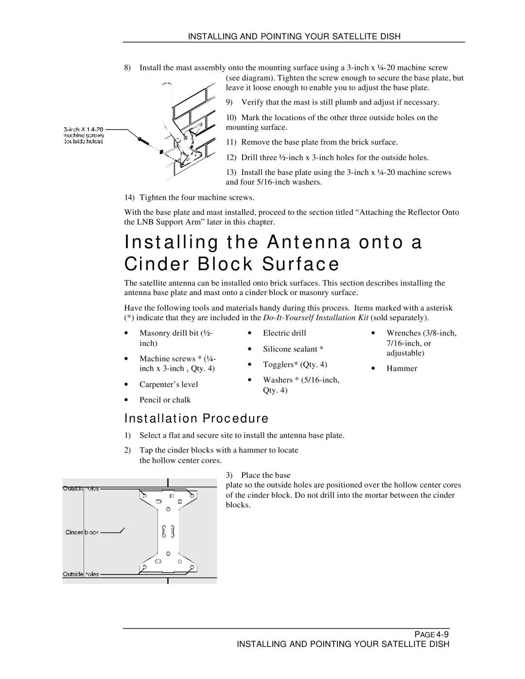 DirecTV HIRD-B1 manual Installing the Antenna onto a Cinder Block Surface 