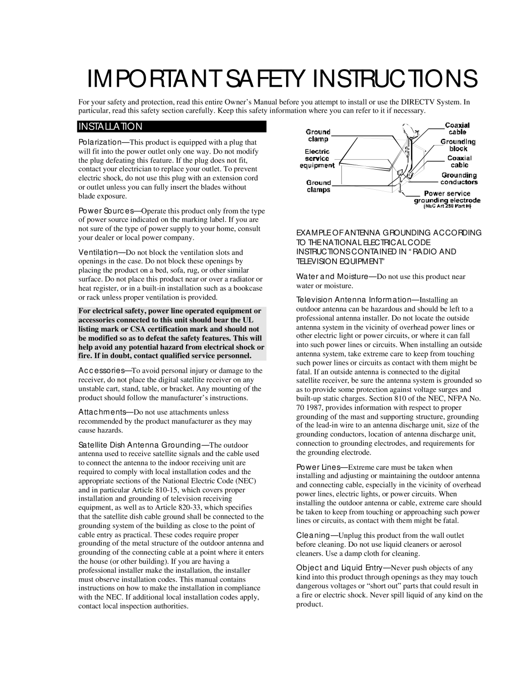 DirecTV HIRD-B1 manual Important Safety Instructions 