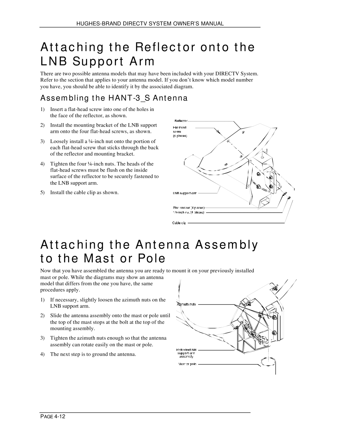 DirecTV HIRD-B1 manual Attaching the Reflector onto the LNB Support Arm, Attaching the Antenna Assembly to the Mast or Pole 