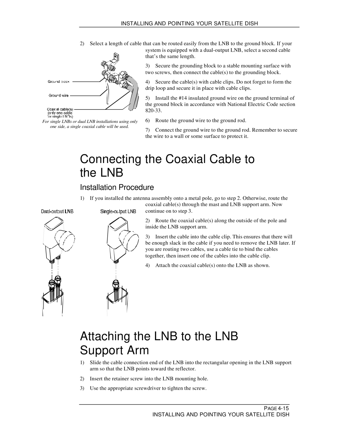 DirecTV HIRD-B1 manual Connecting the Coaxial Cable to the LNB, Attaching the LNB to the LNB Support Arm 