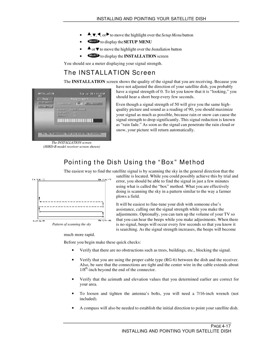 DirecTV HIRD-B1 manual Installation Screen, Pointing the Dish Using the Box Method 