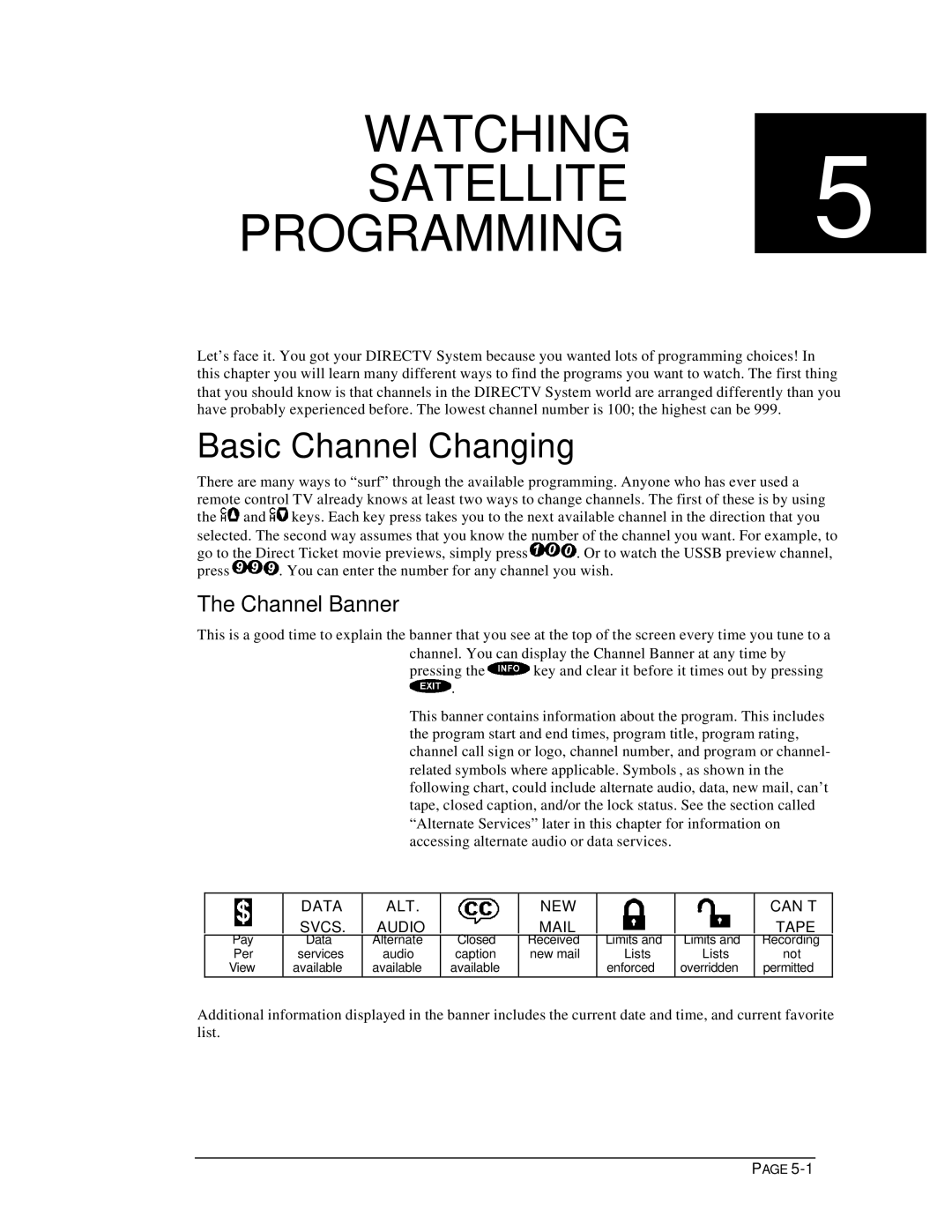 DirecTV HIRD-B1 manual Watching Satellite Programming, Basic Channel Changing, Channel Banner 