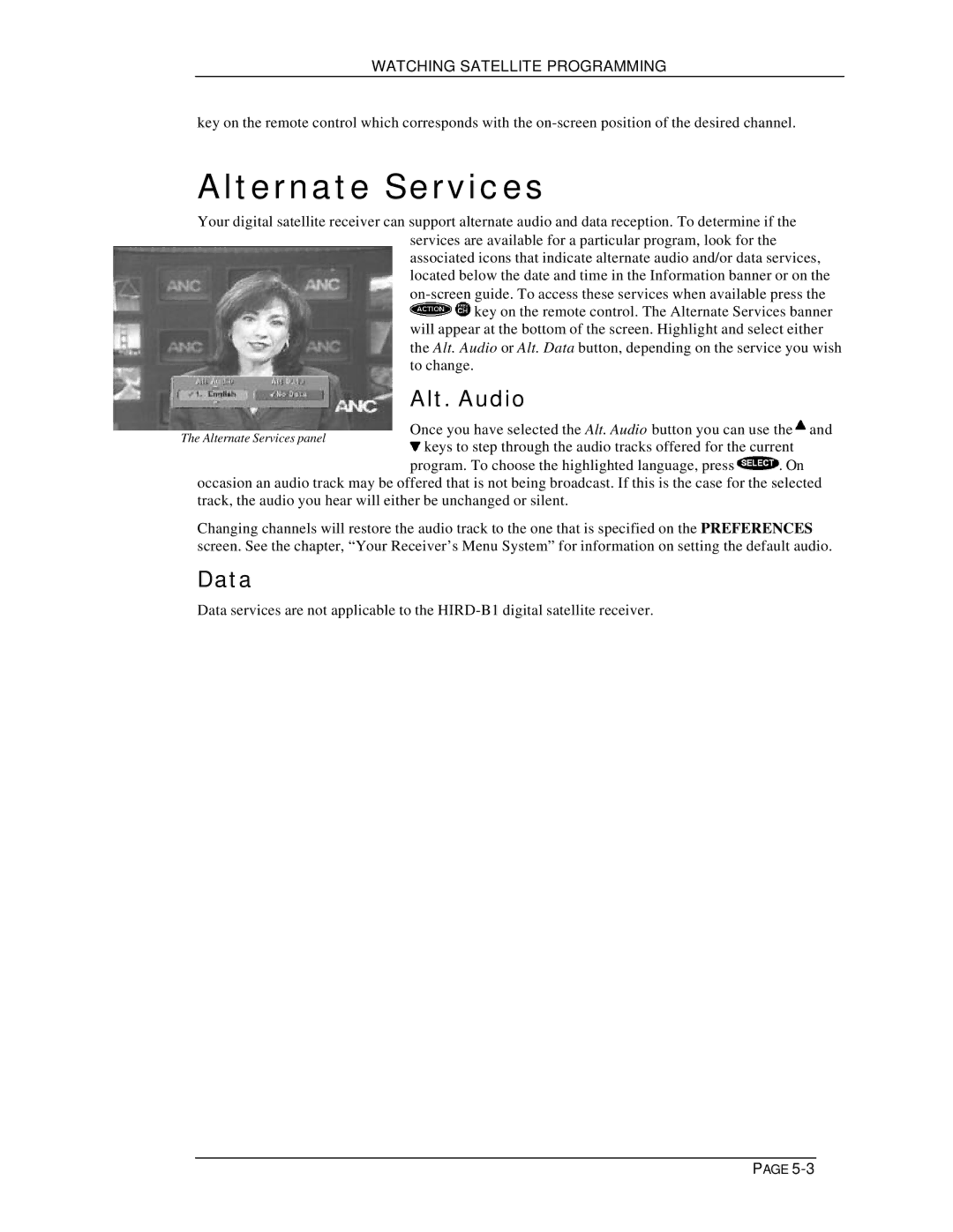 DirecTV HIRD-B1 manual Alternate Services, Alt. Audio, Data 