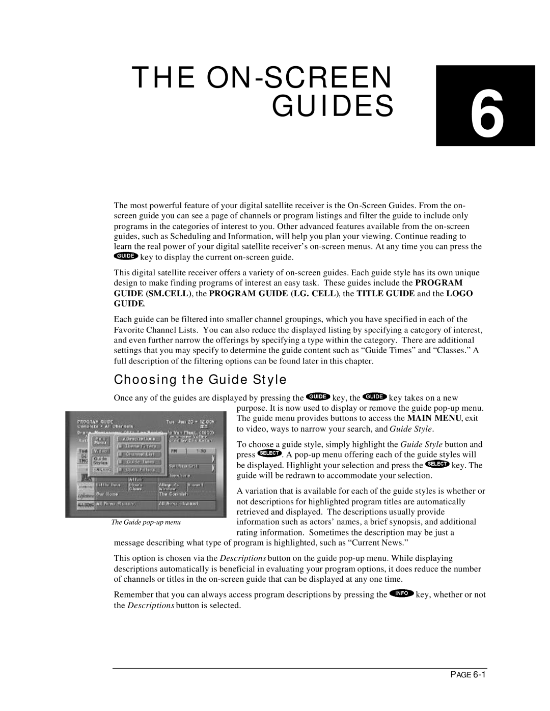 DirecTV HIRD-B1 manual ON-SCREEN Guides, Choosing the Guide Style 