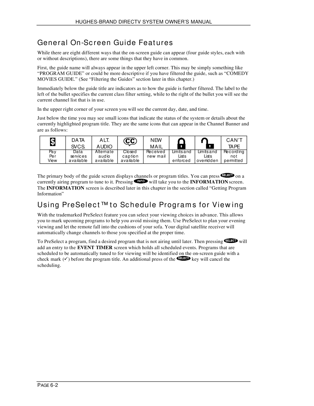 DirecTV HIRD-B1 manual General On-Screen Guide Features, Using PreSelect to Schedule Programs for Viewing 