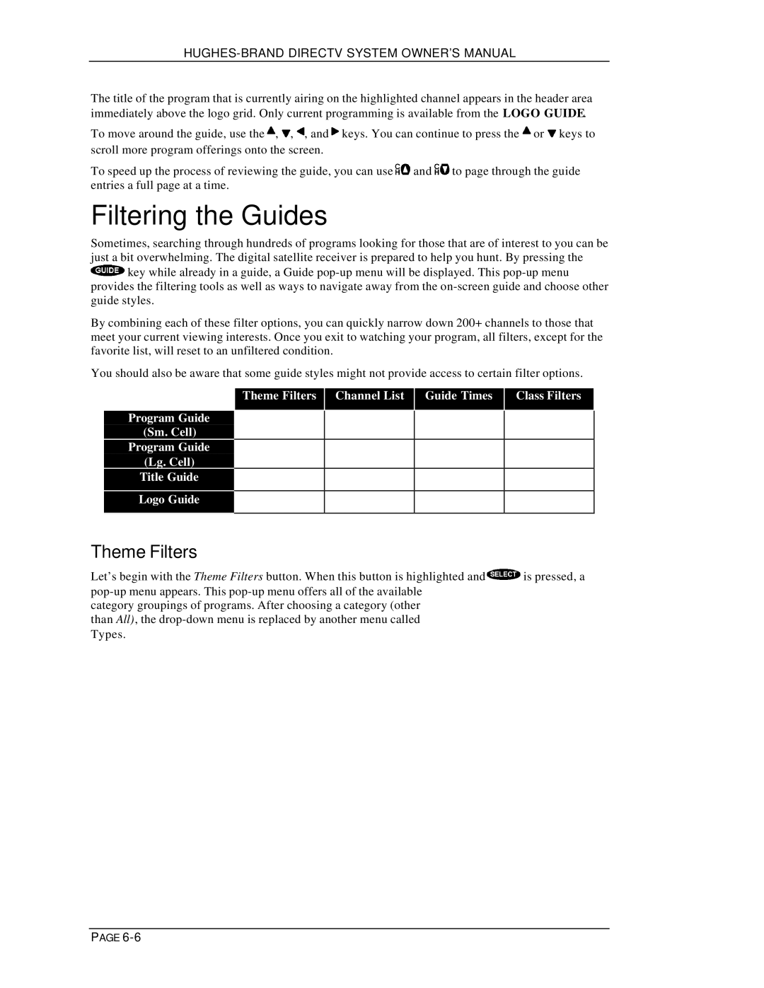 DirecTV HIRD-B1 manual Filtering the Guides, Theme Filters 