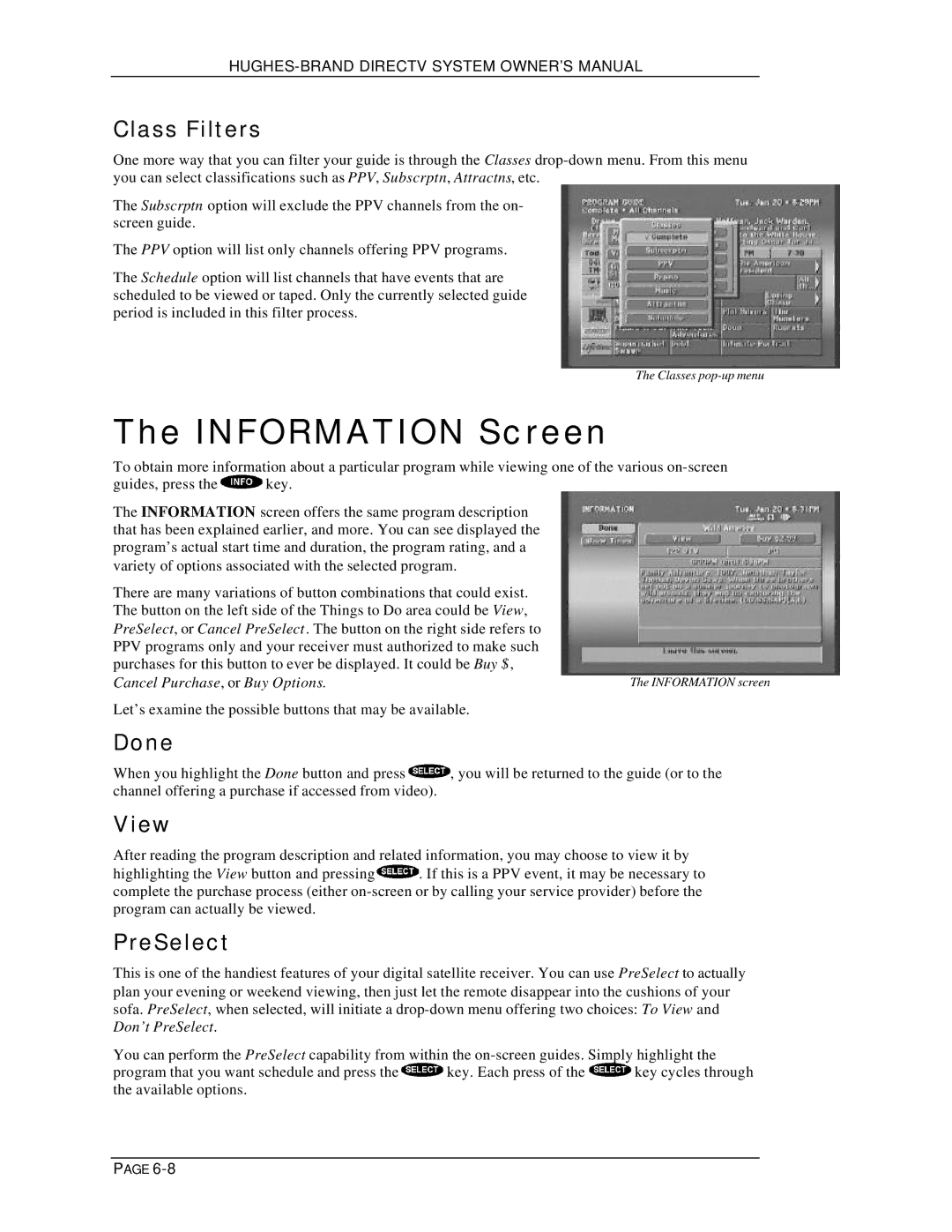 DirecTV HIRD-B1 manual Information Screen, Class Filters, Done, View, PreSelect 