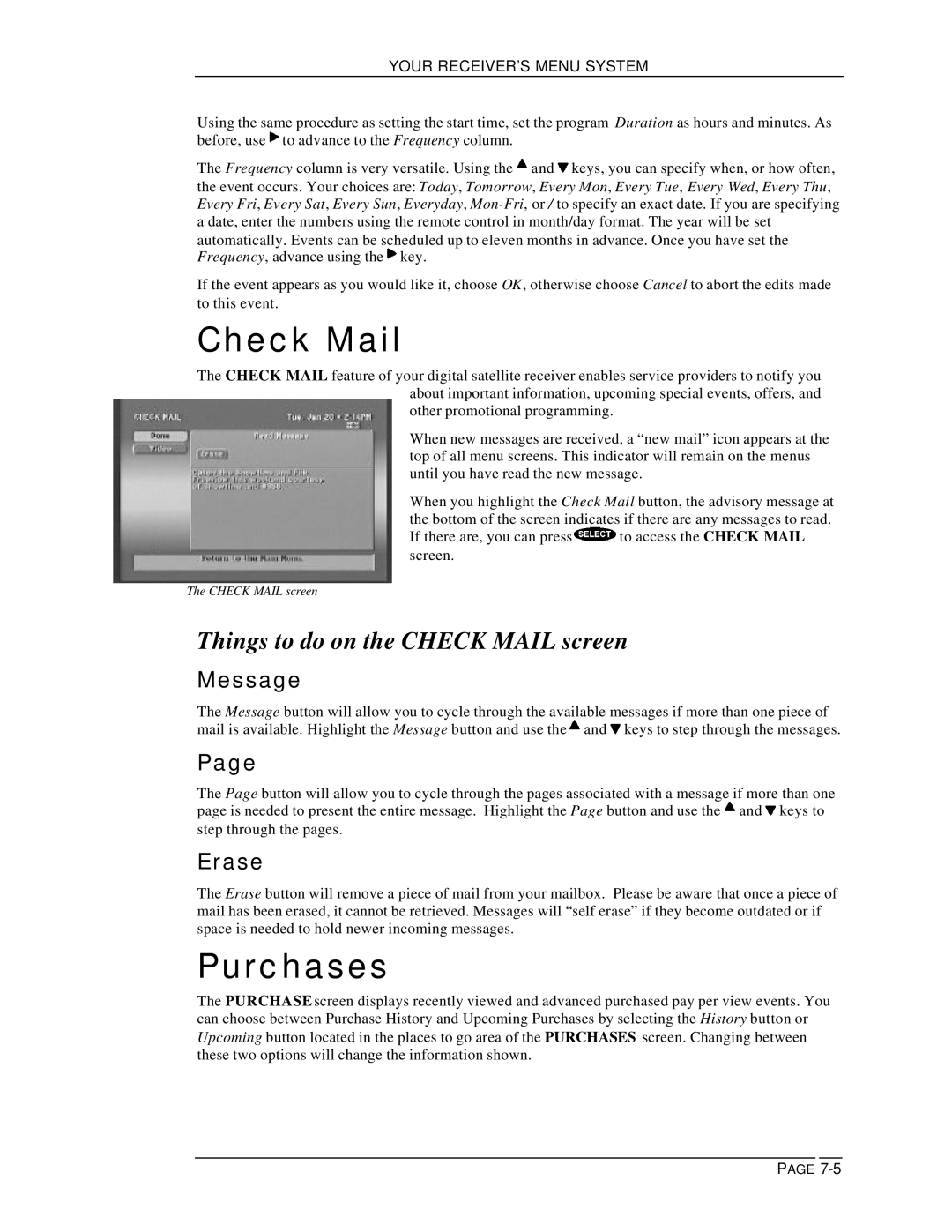 DirecTV HIRD-B1 manual Purchases, Things to do on the Check Mail screen, Message, Erase 