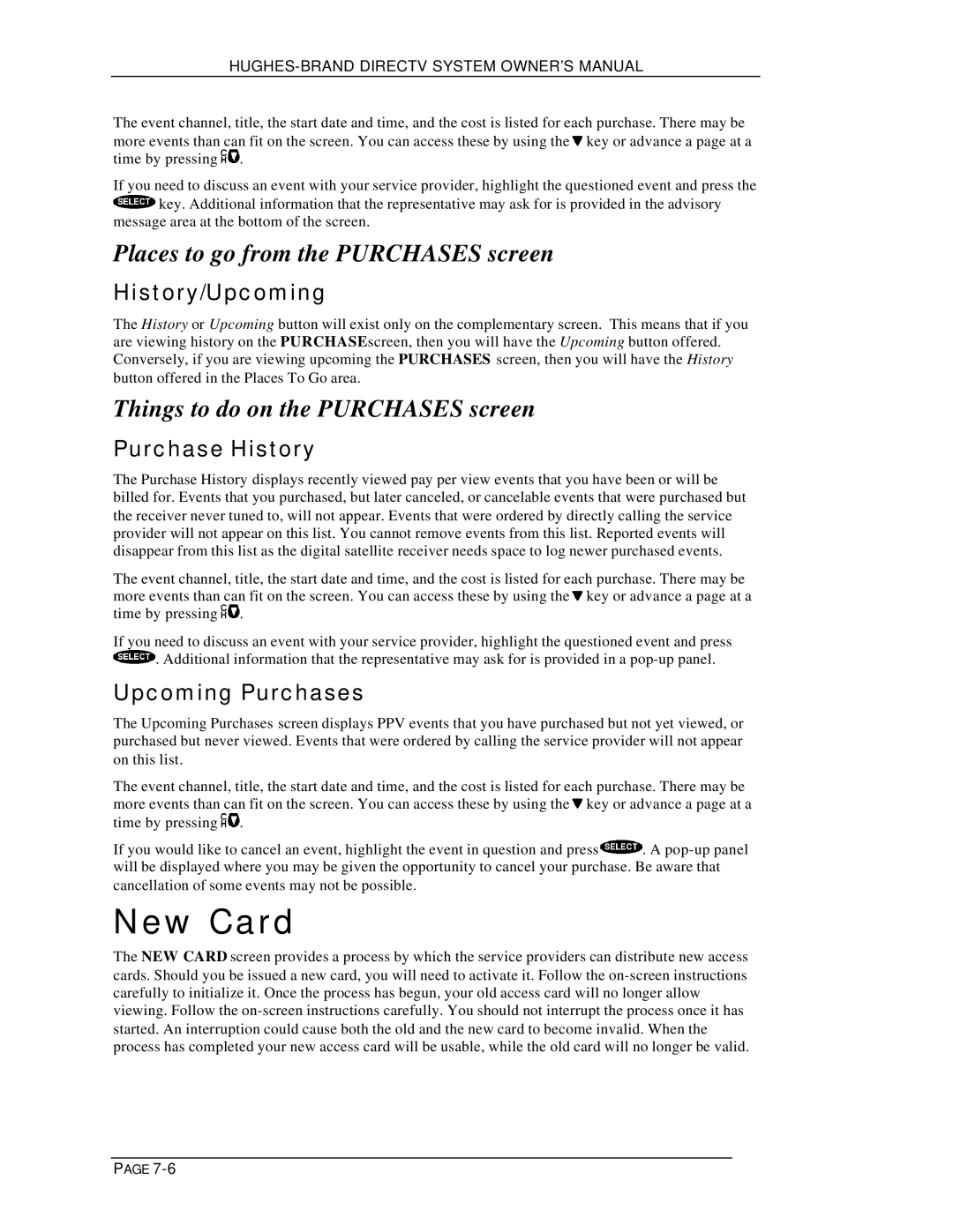 DirecTV HIRD-B1 manual New Card, Places to go from the Purchases screen, Things to do on the Purchases screen 