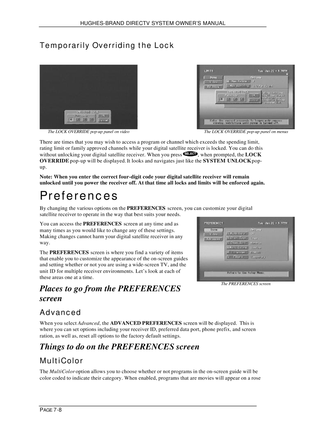 DirecTV HIRD-B1 manual Places to go from the Preferences screen, Things to do on the Preferences screen 