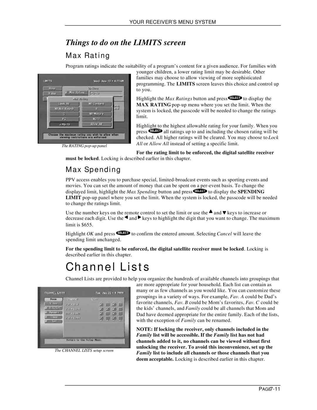 DirecTV HIRD-B1 manual Channel Lists, Things to do on the Limits screen, Max Rating, Max Spending 