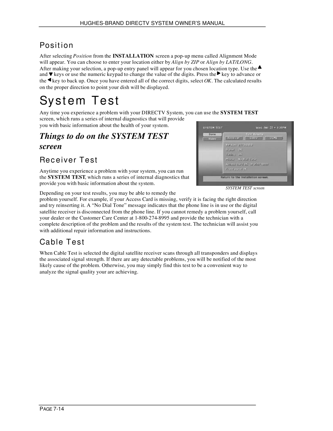 DirecTV HIRD-B1 manual Things to do on the System Test screen, Position, Receiver Test, Cable Test 