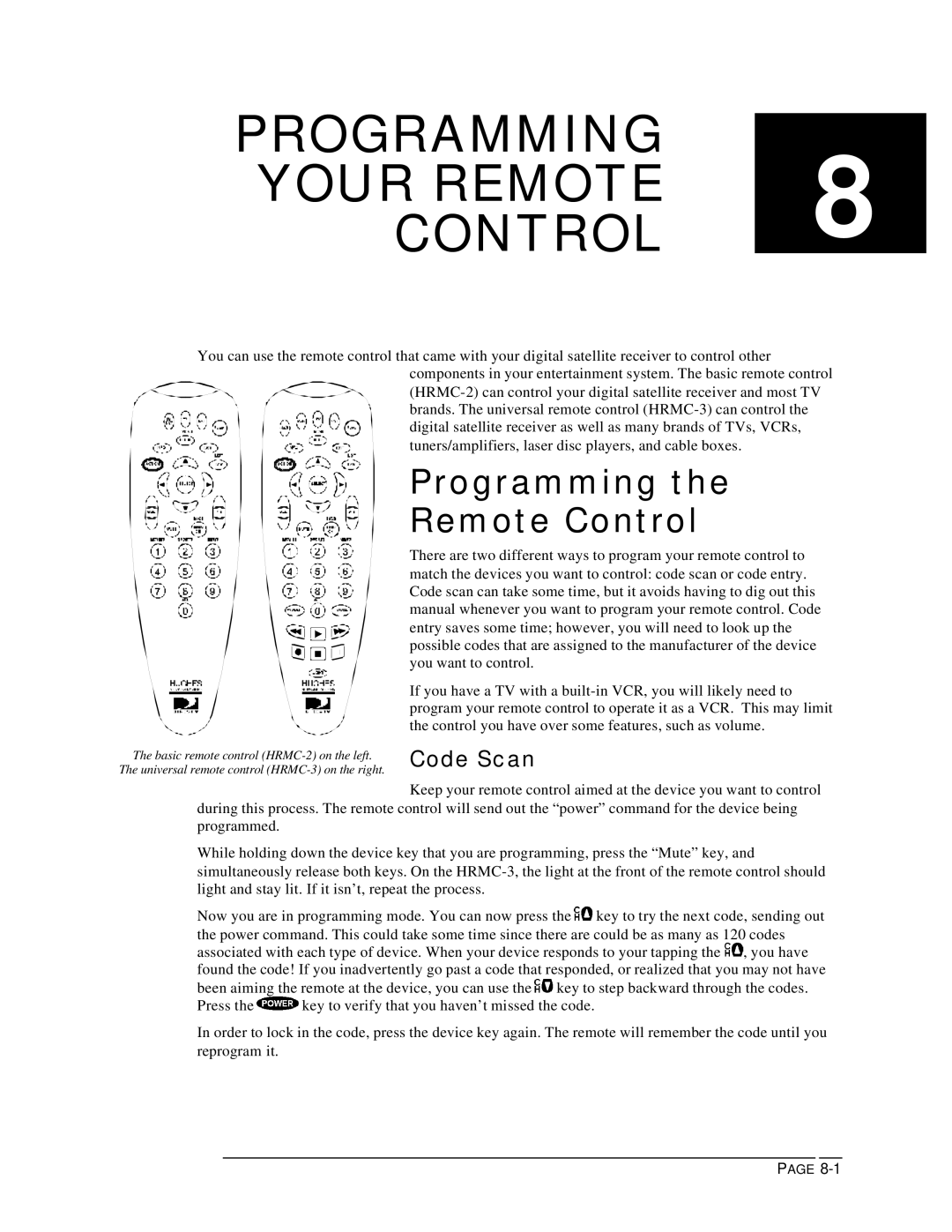 DirecTV HIRD-B1 manual Programming Your Remote 8 Control, Programming the Remote Control, Code Scan 