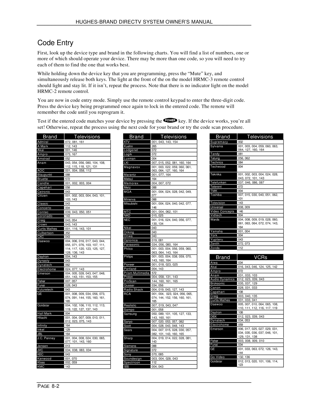 DirecTV HIRD-B1 manual Code Entry, Brand Televisions 