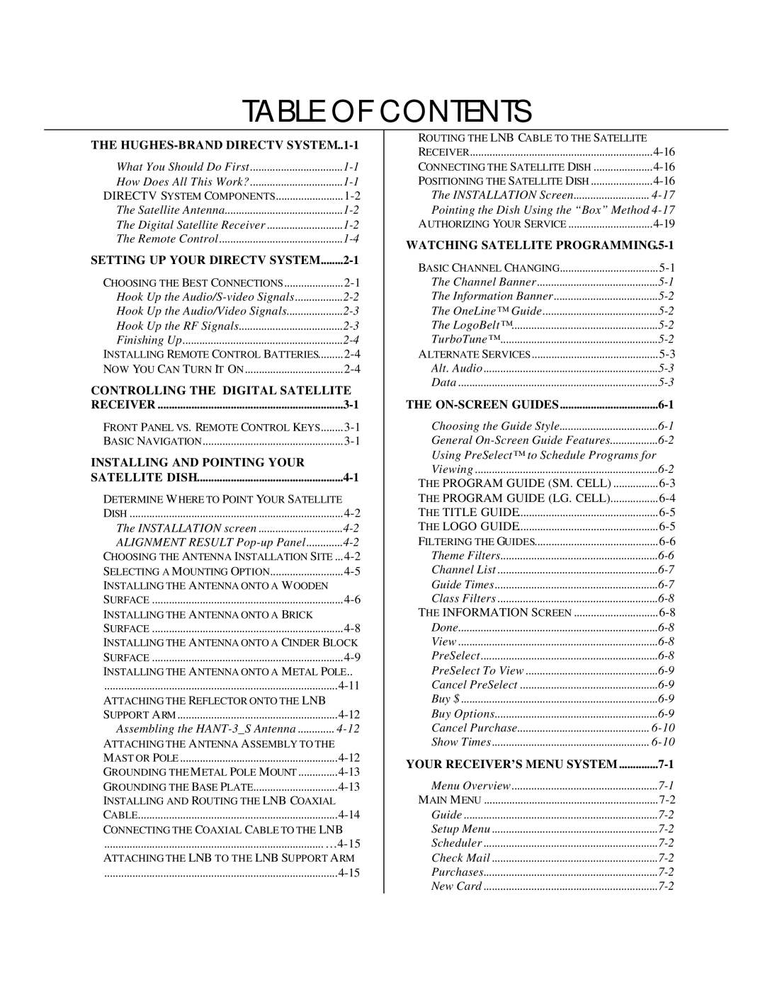 DirecTV HIRD-B1 manual Table of Contents 