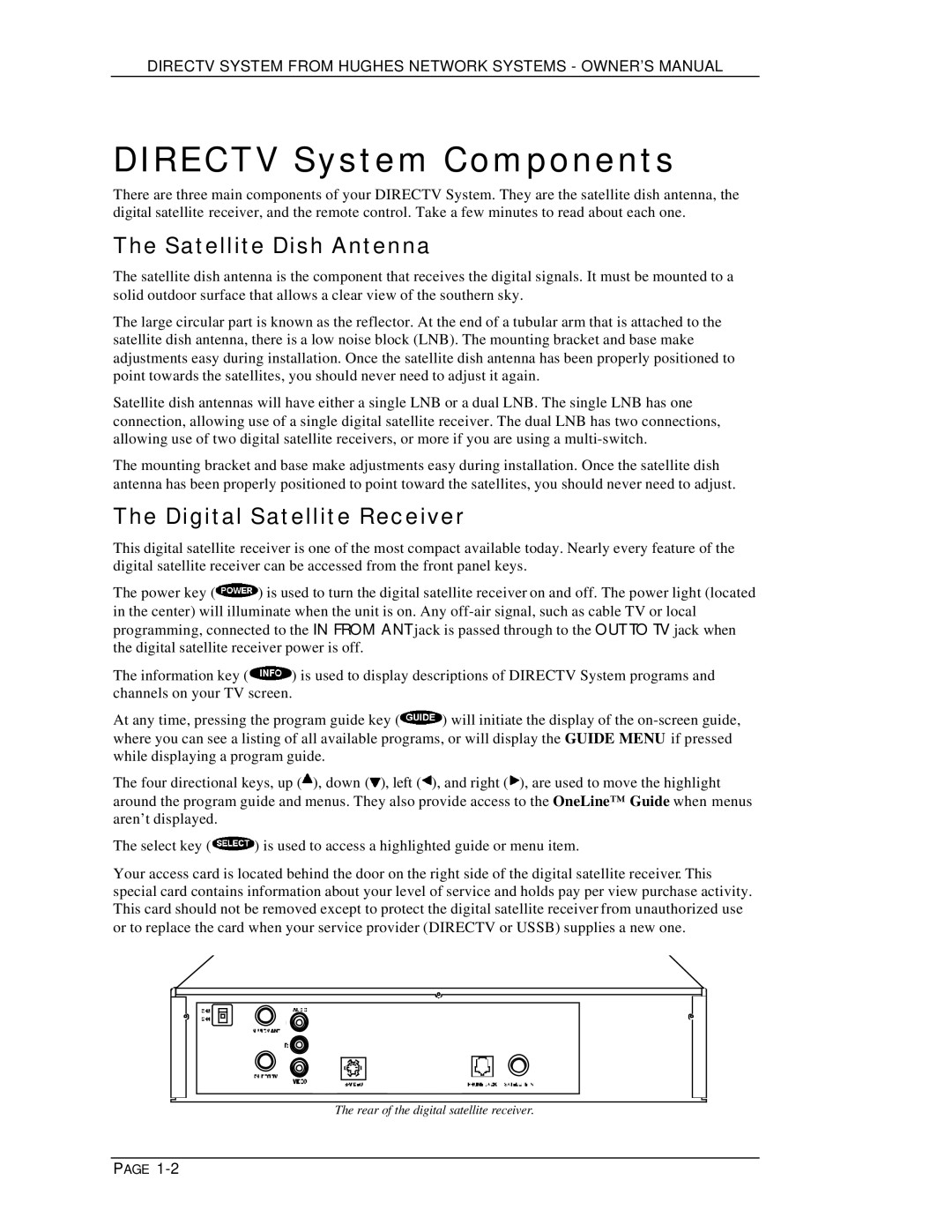 DirecTV HIRD-D01, HIRD-D11 owner manual Directv System Components, Satellite Dish Antenna, Digital Satellite Receiver 