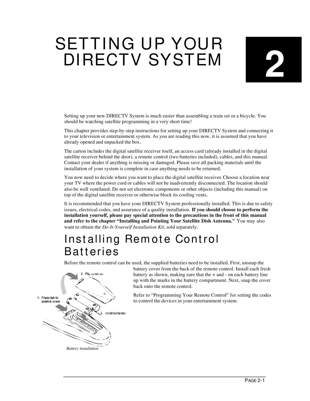 DirecTV HIRD-D11, HIRD-D01 owner manual Setting UP Your Directv System, Installing Remote Control Batteries 