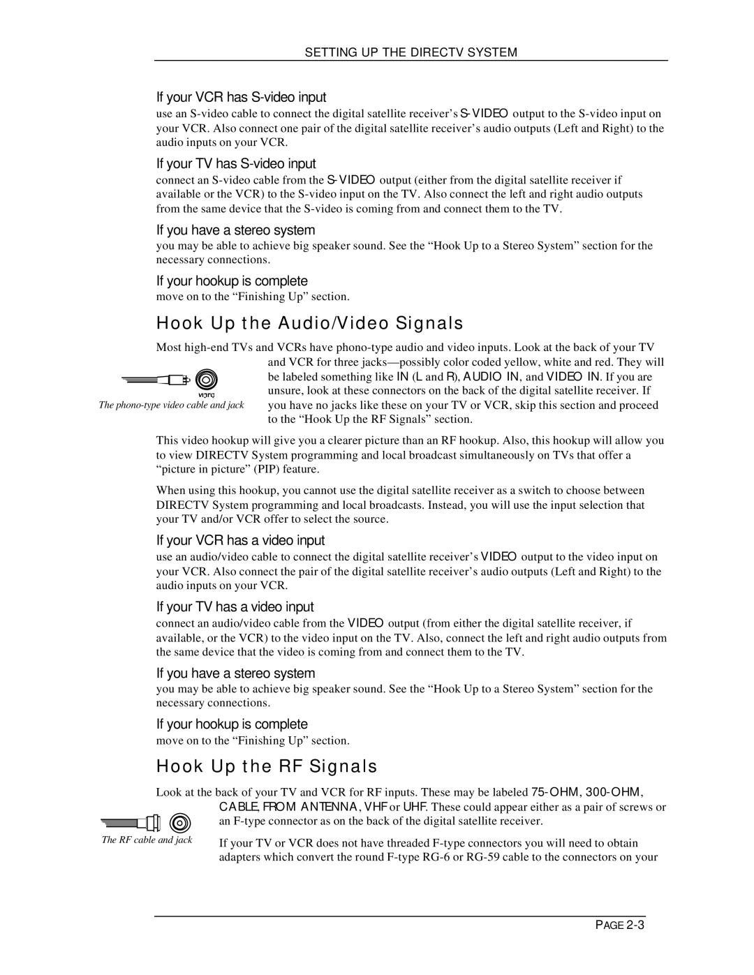 DirecTV HIRD-D11, HIRD-D01 owner manual Hook Up the Audio/Video Signals, Hook Up the RF Signals 