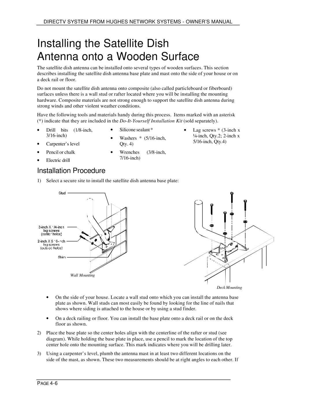 DirecTV HIRD-D01, HIRD-D11 owner manual Installing the Satellite Dish Antenna onto a Wooden Surface, Installation Procedure 