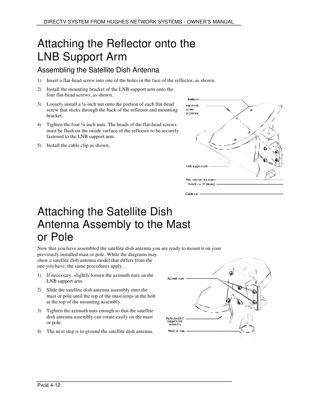 DirecTV HIRD-D01, HIRD-D11 Attaching the Reflector onto the LNB Support Arm, Assembling the Satellite Dish Antenna 