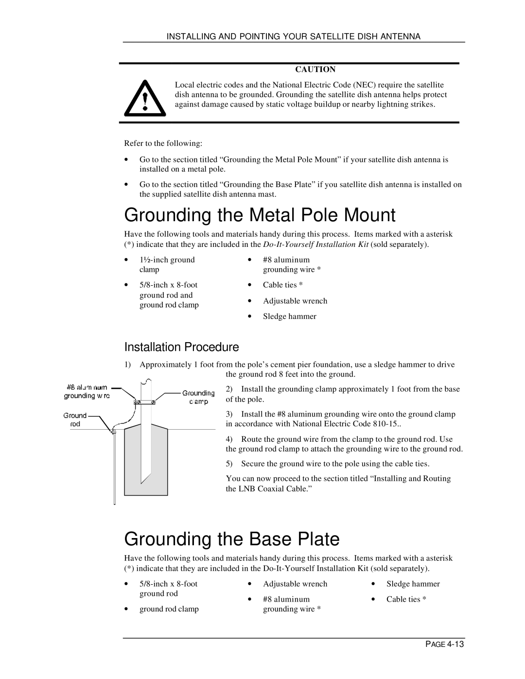 DirecTV HIRD-D11, HIRD-D01 owner manual Grounding the Metal Pole Mount, Grounding the Base Plate 