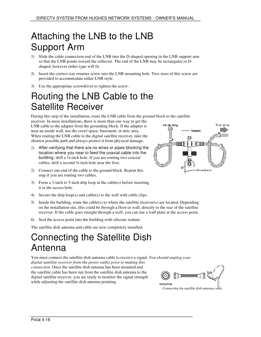 DirecTV HIRD-D01, HIRD-D11 Attaching the LNB to the LNB Support Arm, Routing the LNB Cable to the Satellite Receiver 