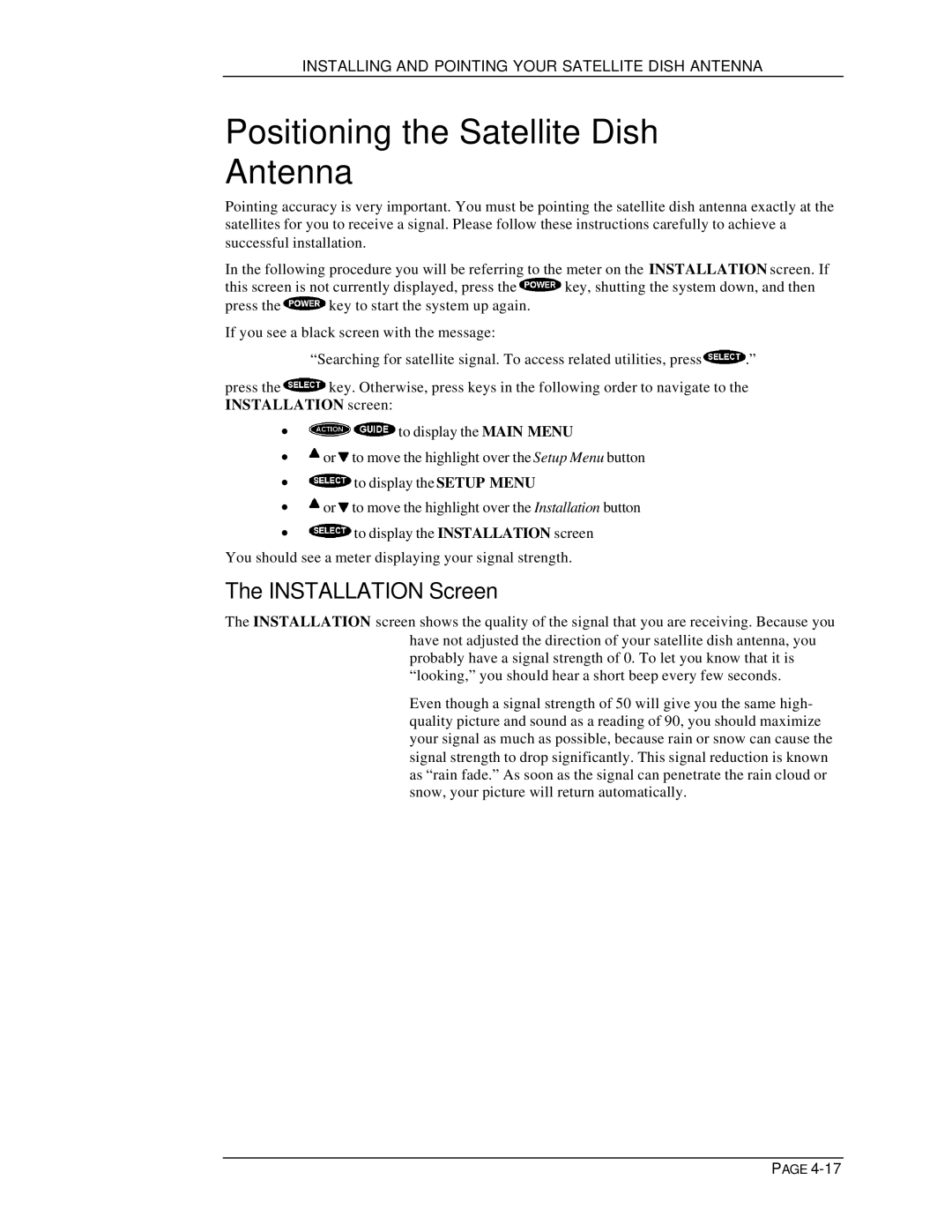 DirecTV HIRD-D11, HIRD-D01 owner manual Positioning the Satellite Dish Antenna, Installation Screen 