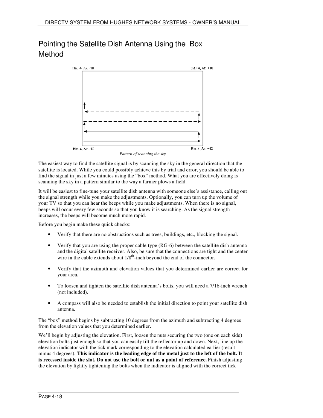 DirecTV HIRD-D01, HIRD-D11 owner manual Pointing the Satellite Dish Antenna Using the Box Method 