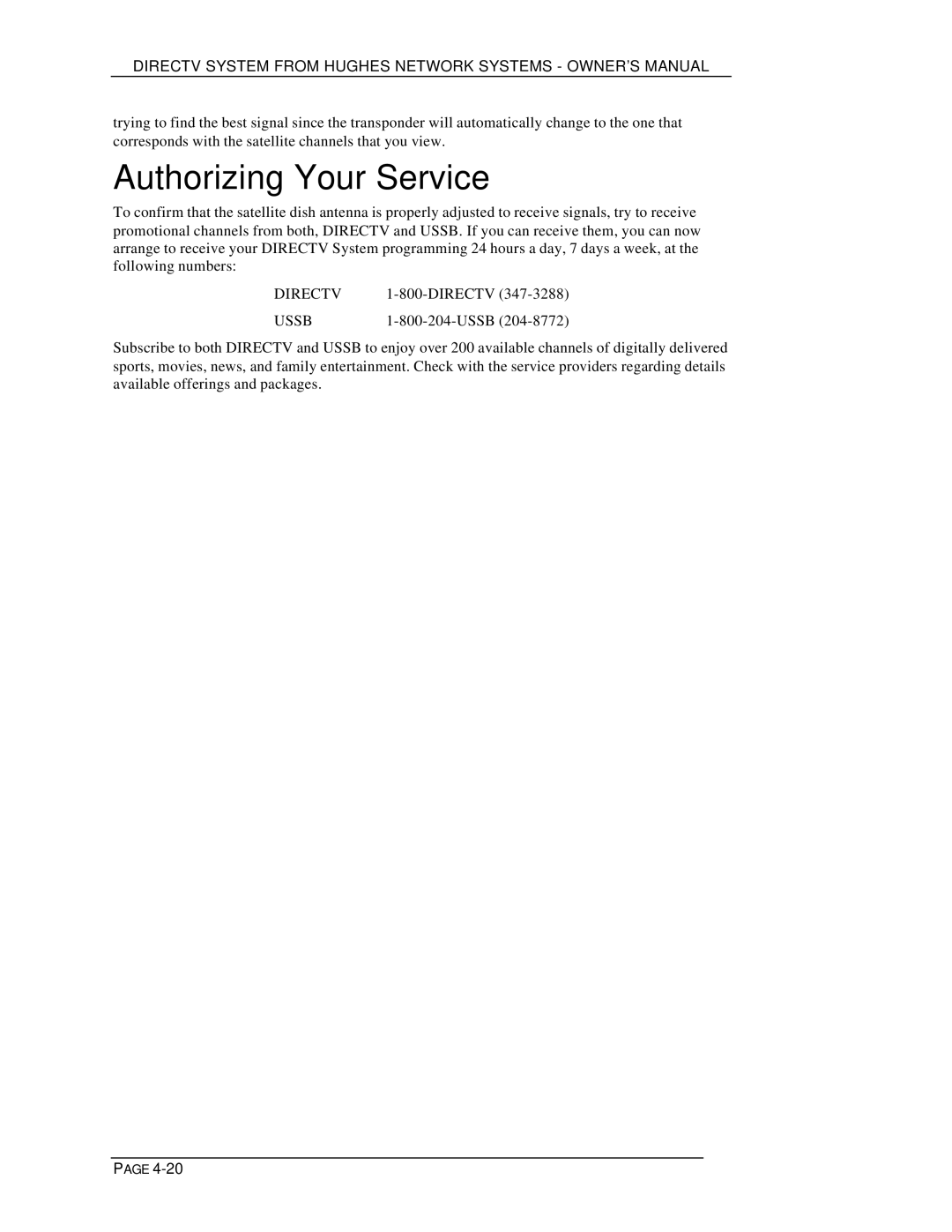 DirecTV HIRD-D01, HIRD-D11 owner manual Authorizing Your Service, Ussb 