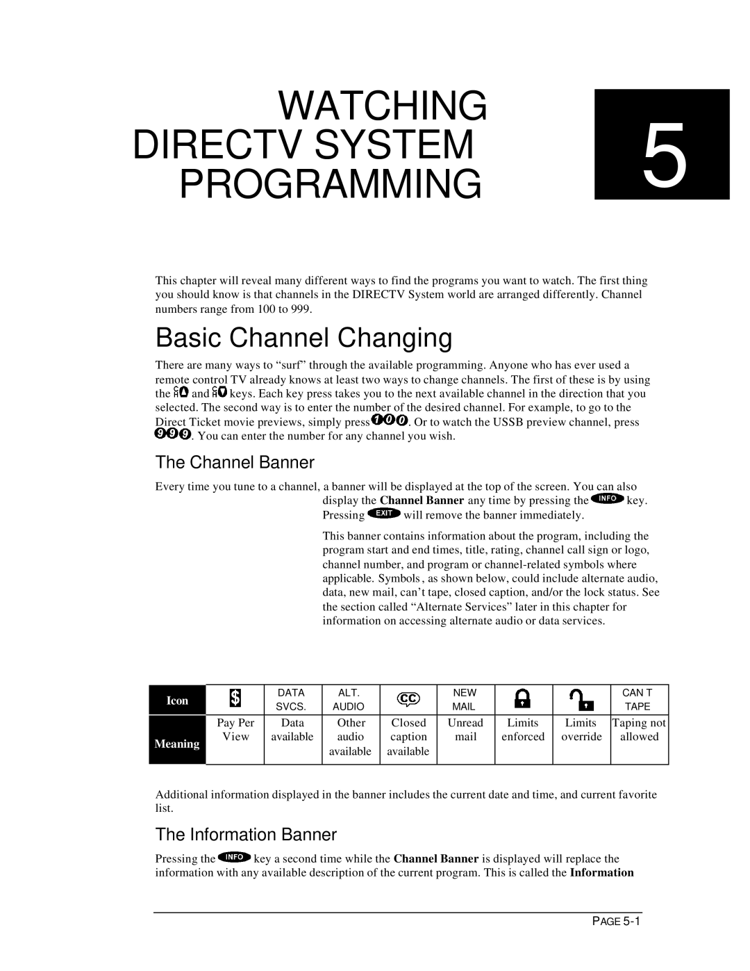 DirecTV HIRD-D11 Watching Directv System 5 Programming, Basic Channel Changing, Channel Banner, Information Banner 