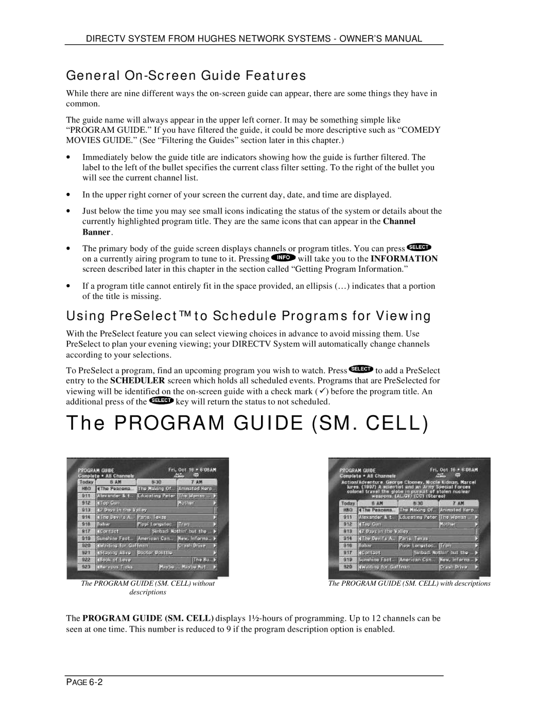 DirecTV HIRD-D01, HIRD-D11 owner manual Program Guide SM. Cell, General On-Screen Guide Features 