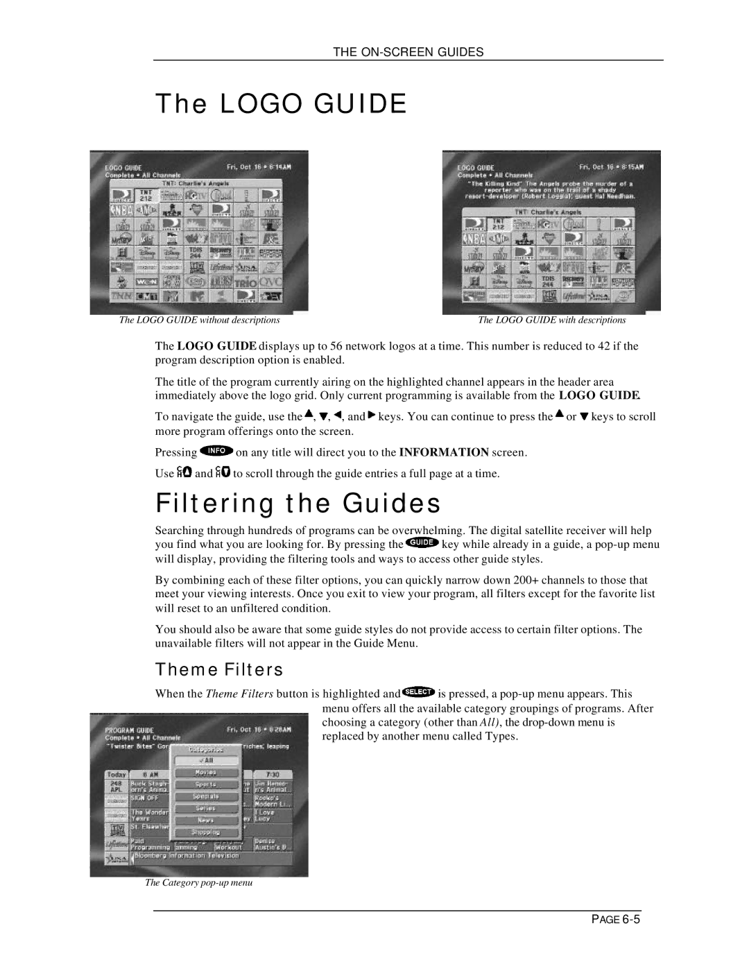 DirecTV HIRD-D11, HIRD-D01 owner manual Logo Guide, Filtering the Guides, Theme Filters 