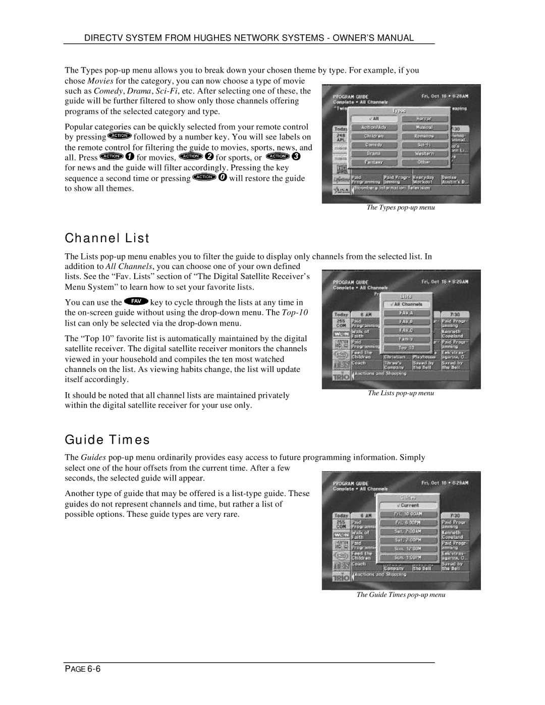 DirecTV HIRD-D01, HIRD-D11 owner manual Channel List, Guide Times 