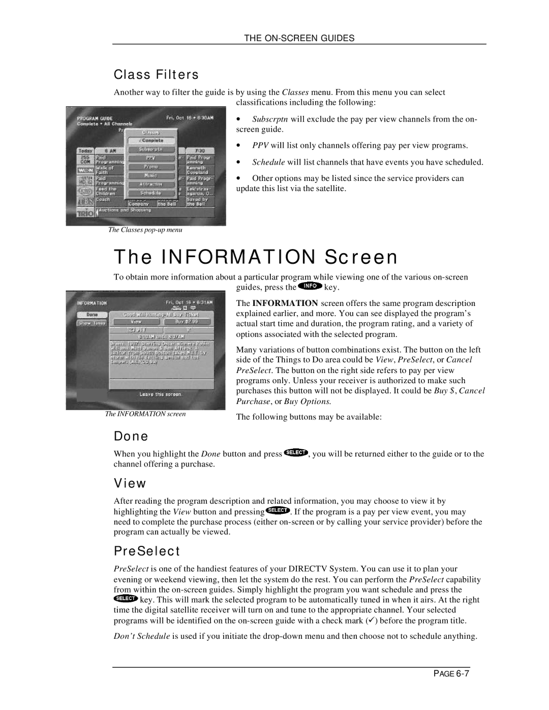 DirecTV HIRD-D11, HIRD-D01 owner manual Information Screen, Class Filters, Done, View, PreSelect 